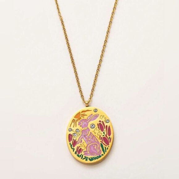 Gold and Pink Enamel Rabbit Pendant Necklace S902 - Picture 1 of 4